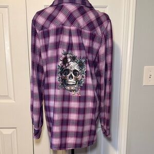 One of a kind, repurposed, purple plaid shirt with hand stencilled sugar skull
